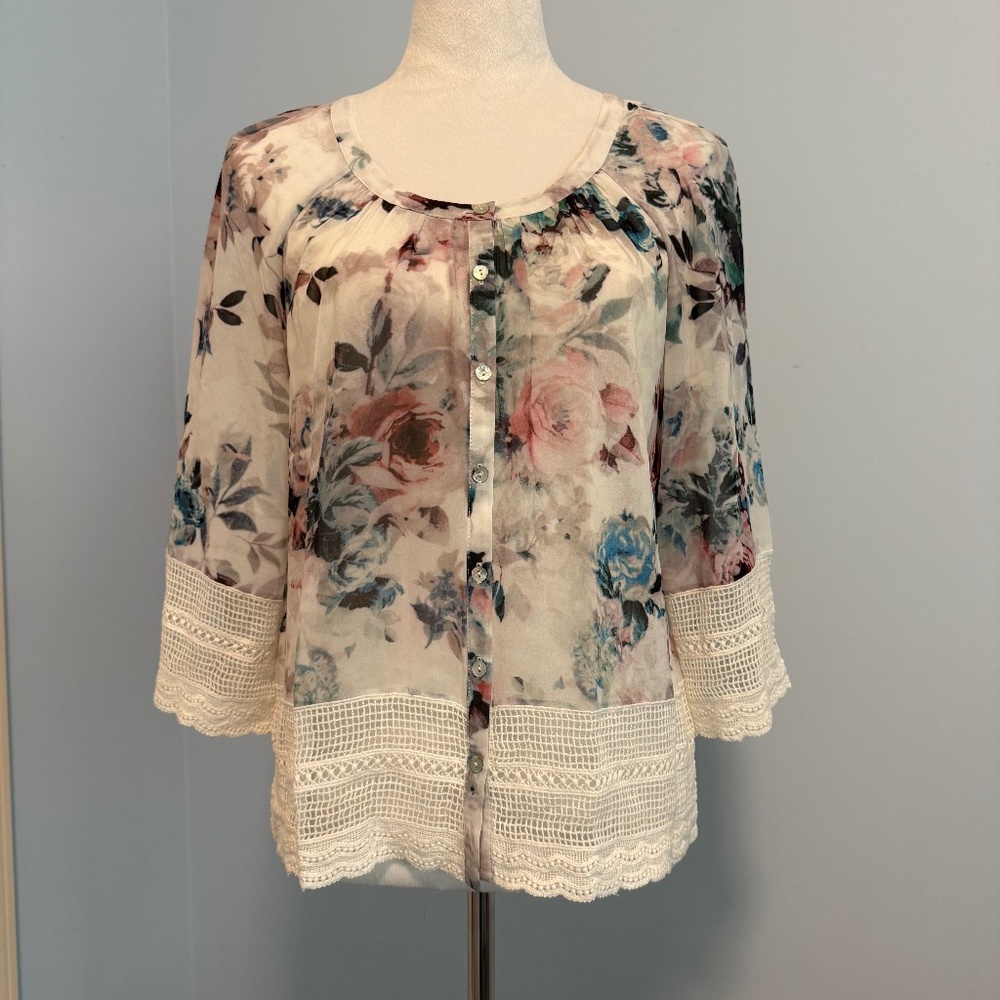 Meadow‎ Rue Anthro 3/4 Sleeve Sheer Floral Lace Edge Blouse Size Small
